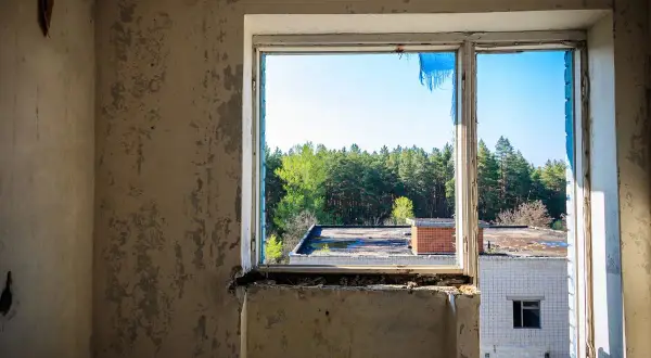 Widok z okna na zniszczony budynek i las. Wnętrze to pustostan z odpadającą farbą.