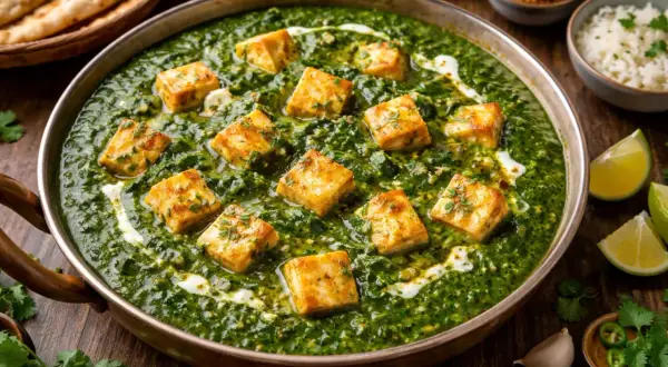 En krämig palak paneer med gyllene paneerbitar i en djupgrön spenatsås. Ett perfekt recept för en smakrik indisk middag.