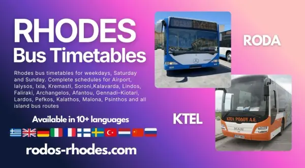 Bussar från Kolymbia till Rhodos stad och andra platser på ön. Hitta tidtabeller och information på rodos-rhodes.com.