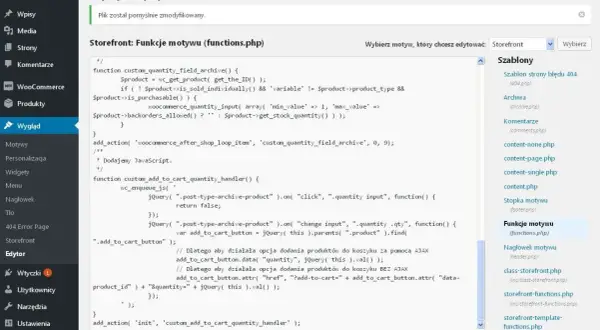 Edytor motywu Storefront, plik functions.php, pokazuje kod PHP i JavaScript do zarządzania woocommerce ilość produktów na stronie.