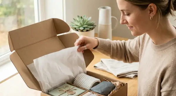Mujer preparando el empaquetado de productos en una caja de cartón. Se ven varios artículos envueltos y decorados con cuerdas.