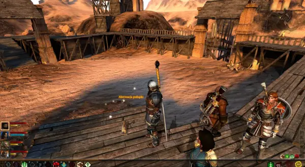 Postacie z Dragon Age 2 DLC na pustynnej platformie.
