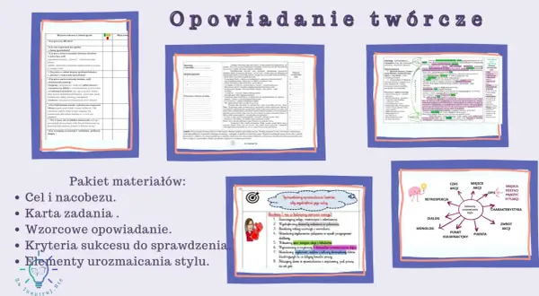 Pakiet materiałów do opowiadania twórczego: cele, karta zadania, wzorzec, kryteria sukcesu i elementy urozmaicania stylu.