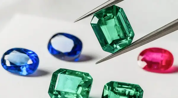 Pinzas sostienen una esmeralda verde brillante, rodeada de zafiros azules y un rubí rosa. Un tesoro de piedras preciosas.
