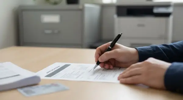 Osoba podpisuje wniosek, być może o duplikat świadectwa szkolnego. Na biurku leży też dokument tożsamości.