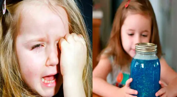 Niña llorando a la izquierda, y a la derecha, la misma niña observando un tarro de la calma lleno de líquido azul brillante.