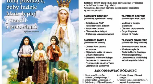Matka Boża z Fatimy i dzieci, zachęcająca do poznania Jezusa. Wtorek to dzień tajemnic bolesnych różańca.