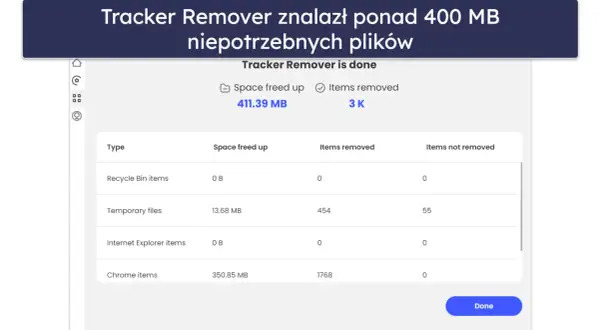 Wynik skanowania Tracker Remover: zwolniono 411 MB, usunięto 3 tys. elementów. Podobnie jak mcafee anti-virus, program dba o czystość systemu.