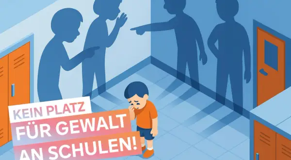 Ein trauriger Junge steht vor Schattengestalten, die auf ihn zeigen. Die Botschaft: Kein Platz für Gewalt an Schulen!