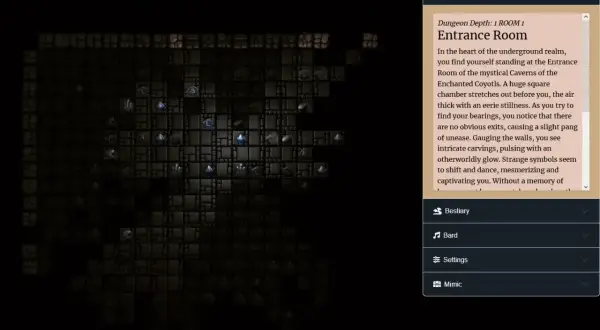 Widok z gry roguelike: mapa lochów, statystyki postaci i opis pomieszczenia.