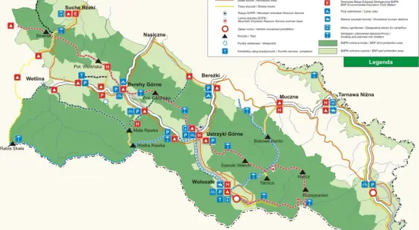 Mapa Bieszczadów z zaznaczonymi szlakami, schroniskami i punktami widokowymi. Widać tu m.in. Wetlinę, Ustrzyki Górne i Tarnicę.
