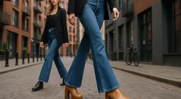 Kobiety w dzwonach i modnych butach na platformie. Idealne jakie buty do dzwonów, by podkreślić stylizację.