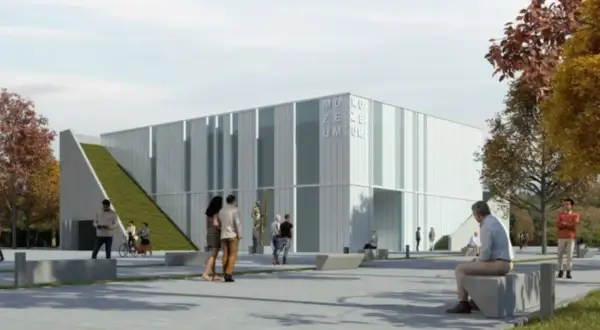 Nowoczesne Muzeum Sztuki, jedna z najnowszych atrakcji turystycznych w Polsce, z zielonym dachem i ludźmi spacerującymi po placu.