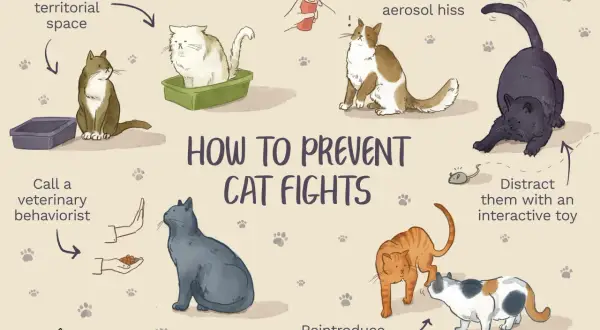 An orange cat lunges towards a calico cat, illustrating how to prevent cat fights.