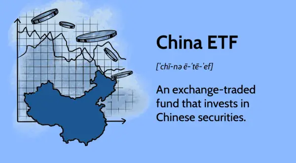 Wykres z mapą Chin i monetami symbolizuje inwestycje w akcje Allianz China A Shares, czyli fundusz ETF.