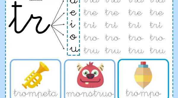 Hoja de práctica para trazar palabras con "tr": trompeta, monstruo y trompo. Incluye sílabas como tra, tre, tri, tro, tru.
