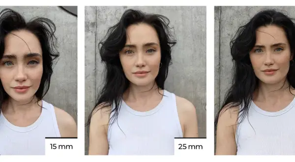 Portret kobiety w białej bluzce, prezentujący różne ogniskowe: 15 mm, 25 mm i 50 mm.