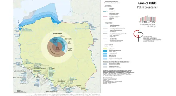 Mapa Polski z zaznaczonymi granicami. Wykres kołowy pokazuje, ile Polska ma linii brzegowej: 14,6% (524 km) to wybrzeże morskie.