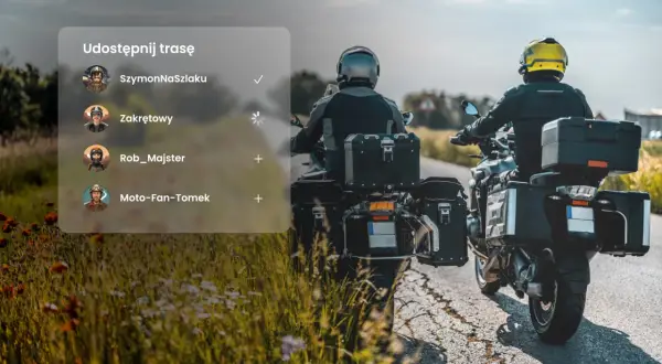 Aplikacja dla motocyklistów: udostępnij trasę znajomym. Widok z perspektywy kierowcy na drogę i innych motocyklistów.