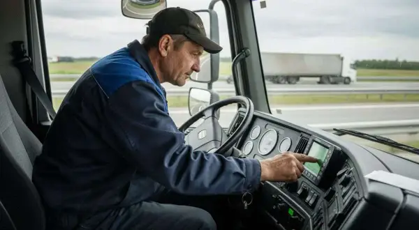 Conducteur de poids lourds interagissant avec le chronotachygraphe, un outil essentiel pour la gestion des temps de conduite et de repos.