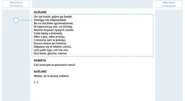 Fragment tekstu z dramatu "Dziady cz. III" z zaznaczonymi dialogami Guślarza i Kobiety.