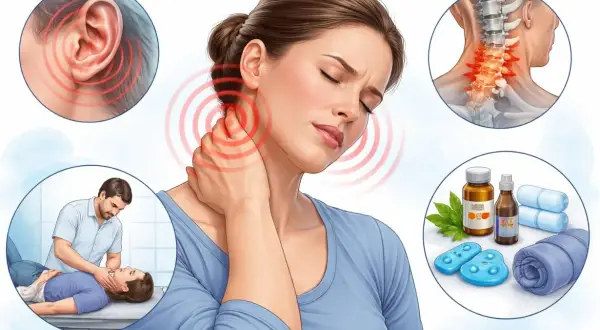 Donna con dolore osso dietro orecchio cervicale, evidenziato da cerchi rossi. Illustrazioni mostrano orecchio, collo, colonna vertebrale, fisioterapia e rimedi.