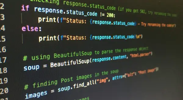 Code Python affichant le statut d'une requête web. Il vérifie si le code de statut est différent de 200, puis utilise BeautifulSoup pour trouver des images. Les arguments de python sont utilisés ici.