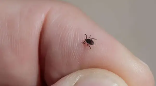 Mały kleszcz na palcu, z ciekawością rozgląda się wokół. Ile kleszcz ma nóg? Osiem!