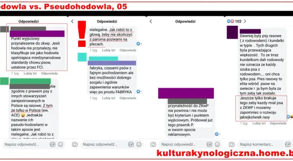 Dyskusja o hodowlach psów, w tym o tych nieuznanych przez FCI, które często działają jak fabryki, a ich działalność może być nielegalna.
