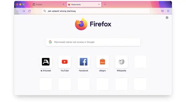 Przeglądarka Firefox z paskiem wyszukiwania "Jak ustawić stronę startową". Widoczne ikony ulubionych stron: Antyweb, YouTube, Facebook, Allegro, Wikipedia.