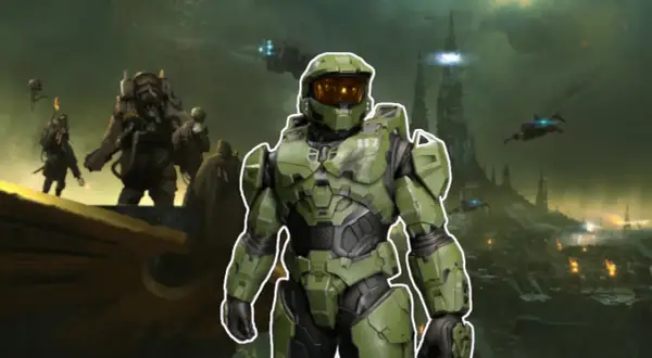 Master Chief steht im Vordergrund, umgeben von einer dystopischen Landschaft mit Türmen und Flugzeugen. Ein Symbol für die besten Xbox exclusive games.