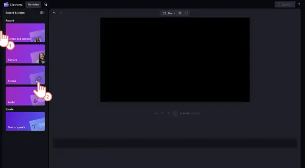 Rozpoczynanie nagrywania ekranu z dźwiękiem w Clipchamp. Kliknij "Screen" (2), aby rozpocząć.