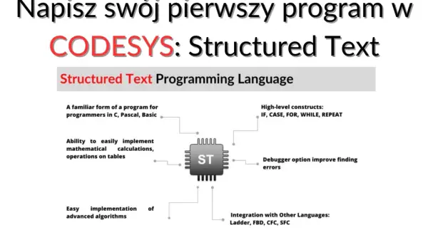 Diagram przedstawia Structured Text w CODESYS, język programowania podobny do C, z funkcjami jak IF, CASE, FOR, WHILE, REPEAT.