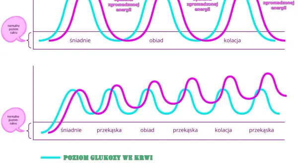 Wykresy pokazujące krzywą insulinową i poziom glukozy we krwi po posiłkach i przekąskach.