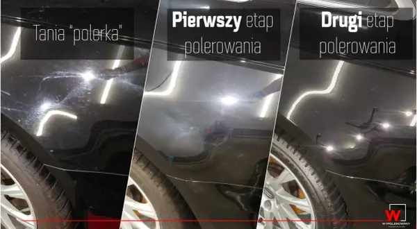 Porównanie efektów polerowania: tania polerka vs. profesjonalne etapy. Widoczne hologramy i zmatowienie lakieru po taniej metodzie, a po profesjonalnym polerowaniu głęboki połysk i brak śladów oksydacji.