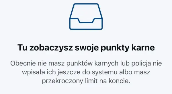 Ikona folderu i tekst informujący o punktach karnych. Obecnie brak punktów lub przekroczenie limitu, np. przez przekroczenie prędkości o 30 km/h.