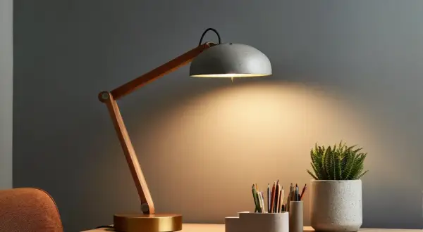 Nowoczesna lampka biurkowa z drewnianymi elementami i betonową podstawą. Idealna do pracy, zastanawiasz się, ile lumenów do salonu potrzebujesz?