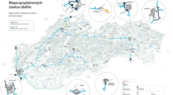 Mapa spoplatnených úsekov diaľnic na Slovensku. Zobrazuje diaľnice, ktoré vyžadujú **winiety Słowacja** pre vozidlá do 3,5 t a kategórie M1.