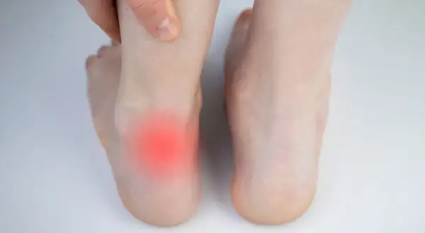 Douleur au talon, une zone rouge indique une inflammation. Pour soulager, quelle eau boire pour les tendons ? L'hydratation est clé.