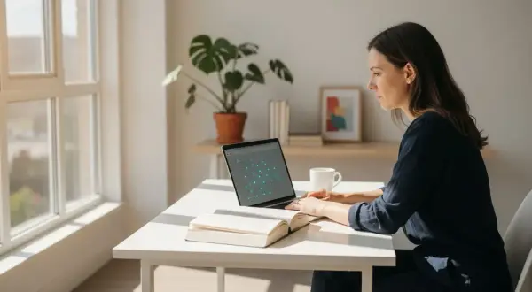 Kobieta pracuje przy laptopie, studiując materiały. Zastanawia się, ile trwają studia podyplomowe, szukając odpowiedzi w sieci.