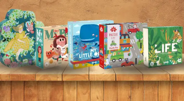 Kolekcja puzzli 3 w 1: leśna wróżka, zwierzątka domowe, ocean, miasto i zagrożone gatunki.