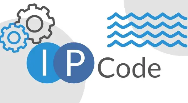 Grafika zębatek i fal symbolizuje płynność i mechanizmy działania. Litery "IP" w niebieskich kołach oraz napis "Code" sugerują projektowanie kodu IP 64.