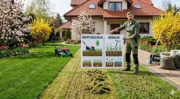 Mężczyzna prezentuje proces rekultywacji trawnika, pokazując różnicę między wertykulacją a aeracją.