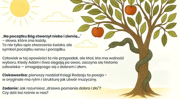 Ilustracja do opracowania "Księga Rodzaju – Początek wszystkiego". Drzewo z wężem i jabłkami, słońce, chmurki.