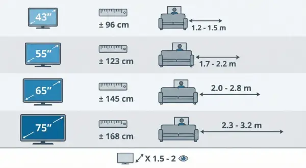Guide pour savoir à quelle hauteur fixer TV au mur : tailles d'écrans (43" à 75") et distances de visionnage recommandées.