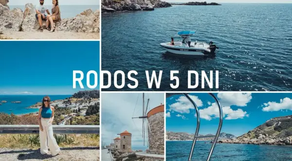 Rodos atrakcje turystyczne: para na skale, łódź na morzu, kobieta z widokiem na Lindos, wiatraki i widok z łodzi.