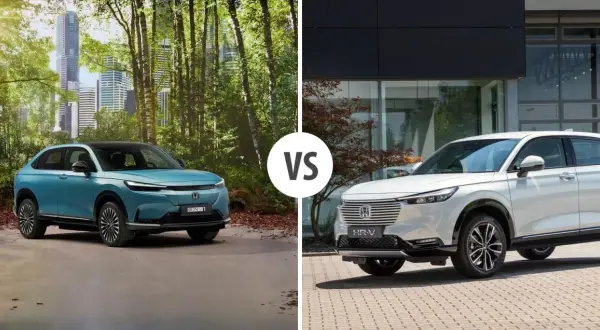 Dwa modele Honda HR-V: jeden niebieski na tle lasu i miasta, drugi biały przed nowoczesnym budynkiem.