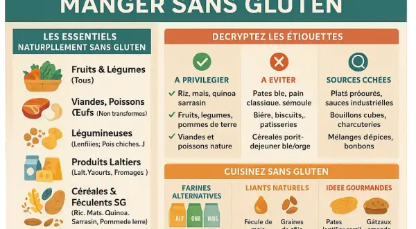 Guide pour manger sans gluten : aliments à privilégier (fruits, légumes, viandes), à éviter (pâtes, pain classique) et sources cachées. Idées gourmandes sans gluten.