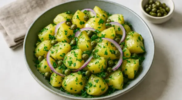 En skål med potatissallad med kapris, färsk persilja och rödlök. En klassisk svensk sommarsallad.