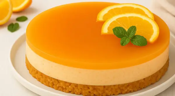 Eine leuchtend orangefarbene Aperol Torte mit zwei Orangenscheiben und Minze garniert. Der Boden ist knusprig, die Füllung cremig.